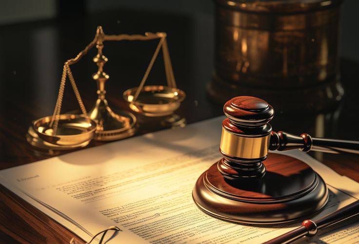 A gavel and a law book.